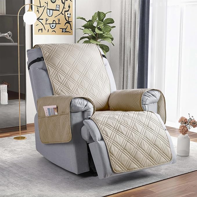 TAOCOCO 100% Waterproof Recliner Chair Cover, Oversized Recliner Covers for Large Recliner Chair with Double Straps, Non Slip Reclining Chair Cover for Kids, Pets(28'', Cream)