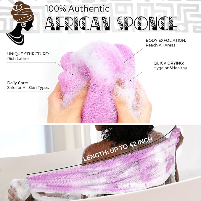 Authentic African Net Sponge 2 Pieces - Back Scrubber for Body - Seawave & Lilac Exfoliating Washcloth with Knots for Shower - Shower Exfoliator for Women Self Care Body Loofah Bath Essentials