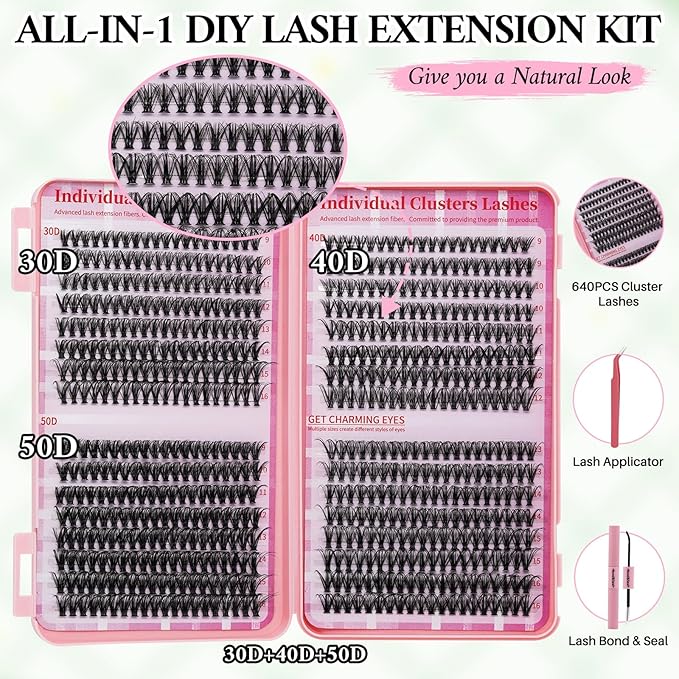 RITALASH Lash Extension Kit DIY Lash Clusters Kit Cluster Lashes Mixed Tray Eyelash Extension Kit Soft Individual Lashes with Lash Bond and Seal,Lash Tweezers Natural Look(30D+40D+50D Kit,9-16mm)
