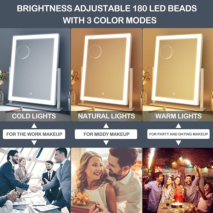 Lighted Makeup Mirror, Hollywood Vanity Mirror with Lights, Three Color Modes，Detachable 10X Magnification Mirror, Smart Touch Control, 360°Rotation (15.2in)