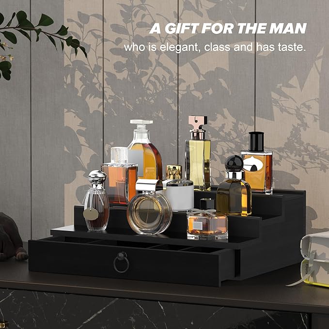 upcessory Cologne Organizer for Men, 3 Tier Wood Perfume Organizer with Felt Lining Drawer and Hidden Compartment, Black Perfume Display Holder, A Gift for Men