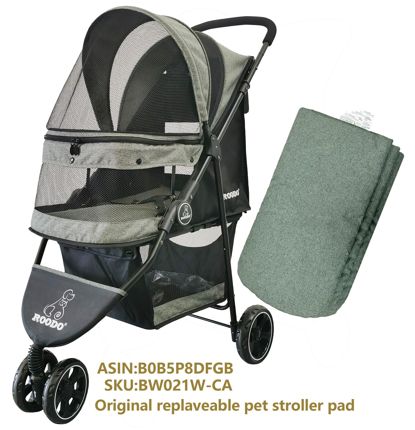 ROODO Pet Stroller Mat for Dogs, Cushion Inner Pad, Exclusive Use, Original, Replaceable, Easy to Clean, Set of 3 pc (Cationic Ash)