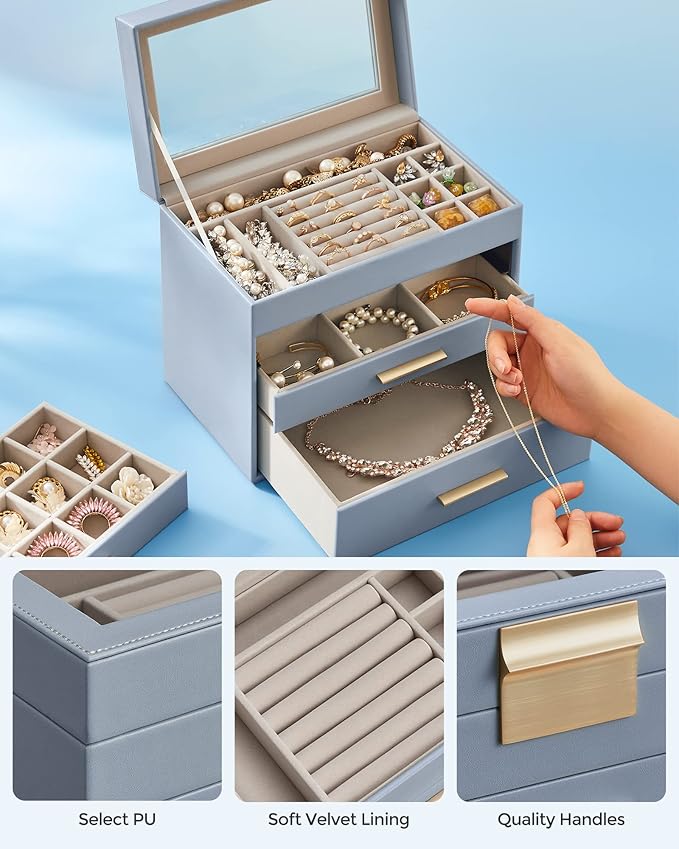 SONGMICS GISELLA Collection - Jewelry Box Organizer, 4-Layer Jewelry Storage with 3 Drawers, Shiny Metal Hardware, Glass Lid, Modern, 6 x 9.9 x 8.5 Inches, Smoky Blue and Gold Color UJBC161Q01
