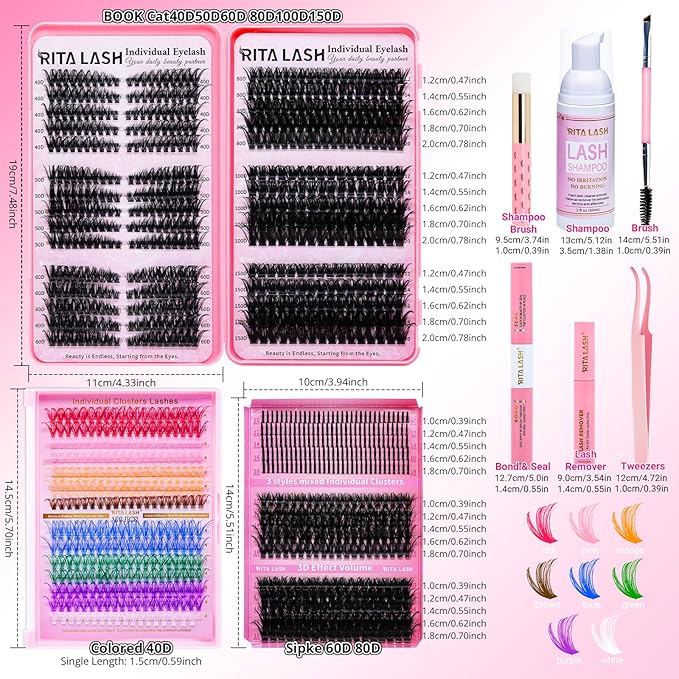 Lash Clusters Kit Bulk 3D Effect Eyelash Clusters Kit Cat Eye Lashes Cluster Eyelash Extensions Pack Colored Lashes Cluster PestaÃÂ±as Postizas Naturales+Bond&Seal,Remover,Tweezers,Cleanser(Lash Kit-7)