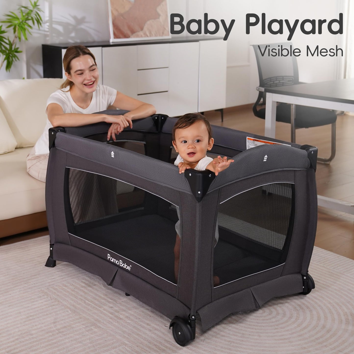 Pamo Babe Pack and Play with Bassinet Baby Playpen Foldable Playard with Changing Table Portable 4 in 1 Baby Playard