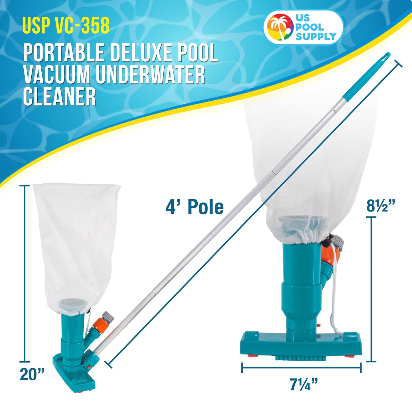 U.S. Pool Supply Above Ground Pool Vacuum Cleaner, Manual Pool Vacuum Cleaner, Spa Cleaner for Hot Tub, Ponds - 5 Section 4ft Pole, Mesh Leaf Bag, Telescopic Pole Attachment - Attaches to Garden Hose