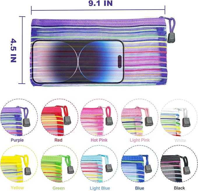 Mesh Bags with Zipper (10 Pack), Small Nylon Makeup Bag Cosmetic Pouches Travel Organizer for Purse Diaper Bag Home Organizing Striped Mix 10 Colors