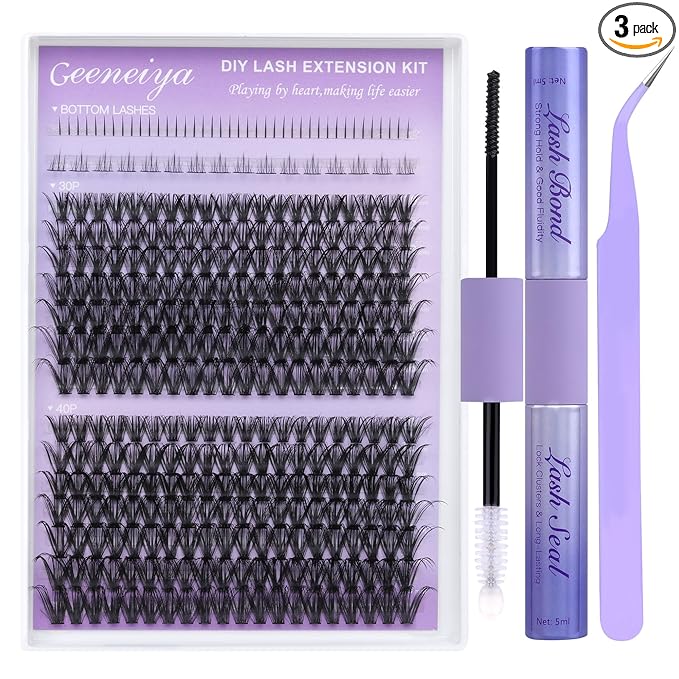 Geeneiya Bottom Lash Extension Kit Natural Cluster Eyelash Extension Kit DIY D Curl Lash Clusters Kit with Lash Bond and Seal Glue, Lash Applicator for Self Application at Home (30D+40D+BOTTOM)