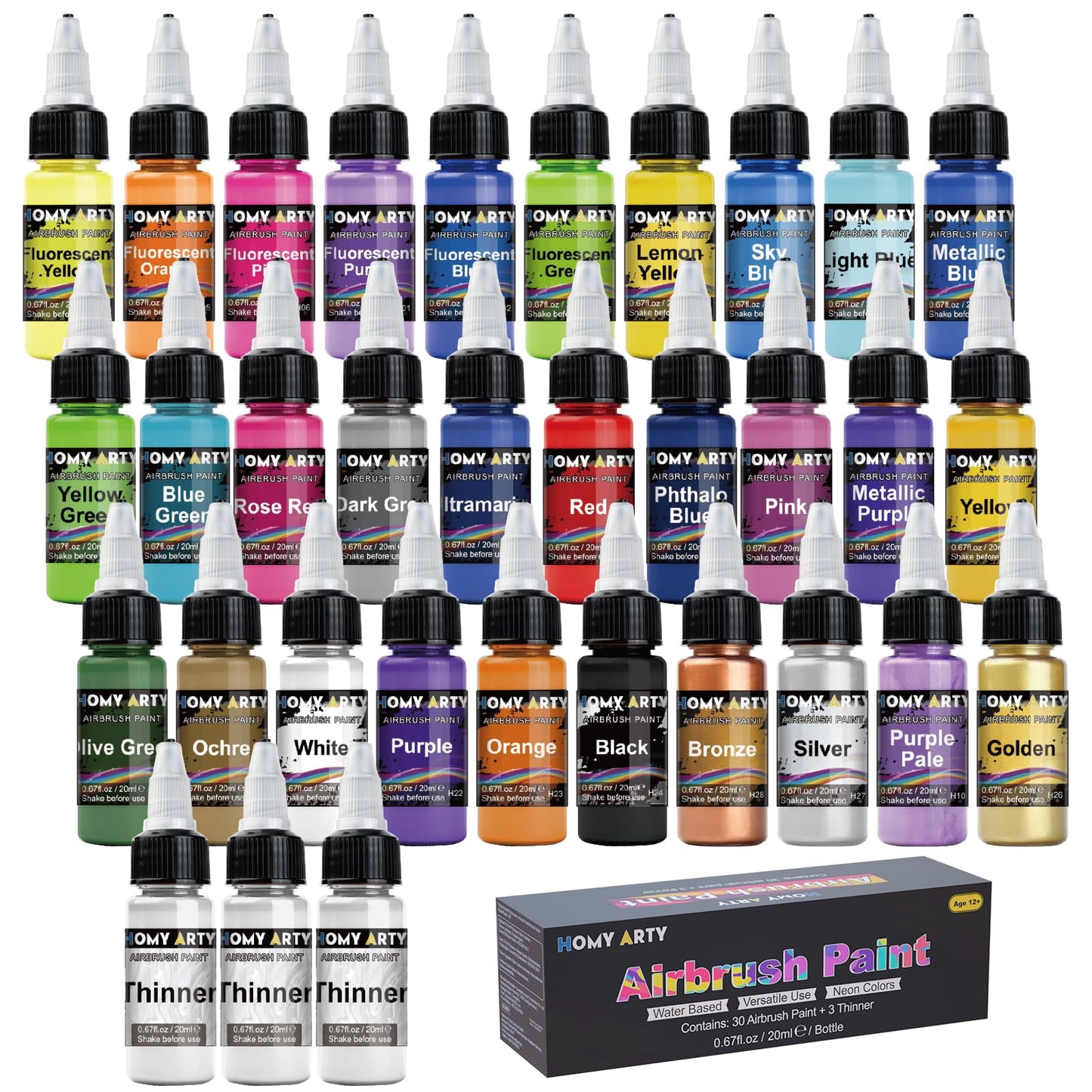 HOMY ARTY Airbrush Paint - 30 Colors with 3 Thinner, Ready to Spray Airbrush Paint Set, Water-Based Acrylic Air Brush Paints for Metal, Plastic Models, Canvas, Wood - 33 Bottles