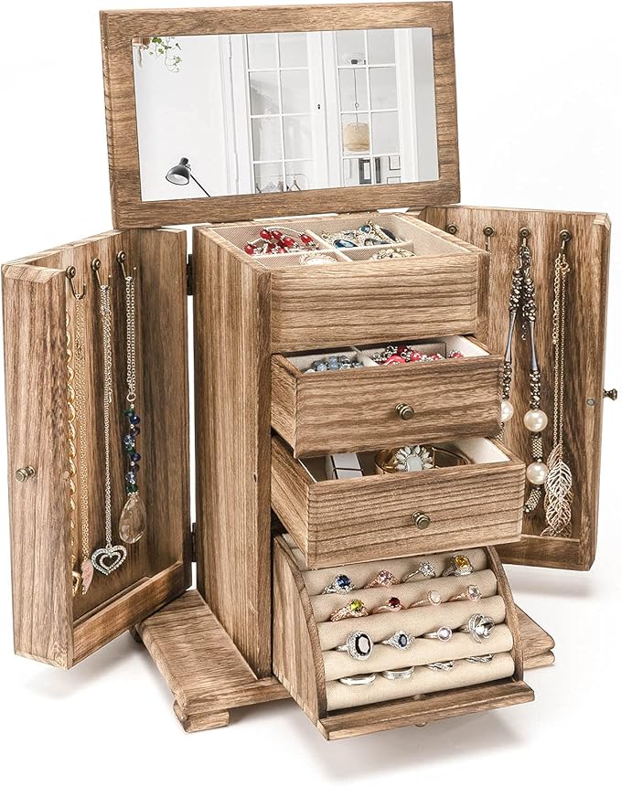 Emfogo Jewelry Box for Women, Rustic Wooden Jewelry Boxes & Organizers with Mirror, 4 Layer Jewelry Organizer Box Display for Rings Earrings Necklaces Bracelets (Rustic Brown)