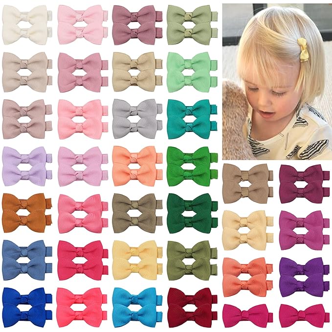 CLLOT Hair Clips, 70PCS Baby Girls Fully Lined Baby Bows Hair Pins Tiny 2' Hair Bows Alligator Clips for Infants Toddlers in Pairs