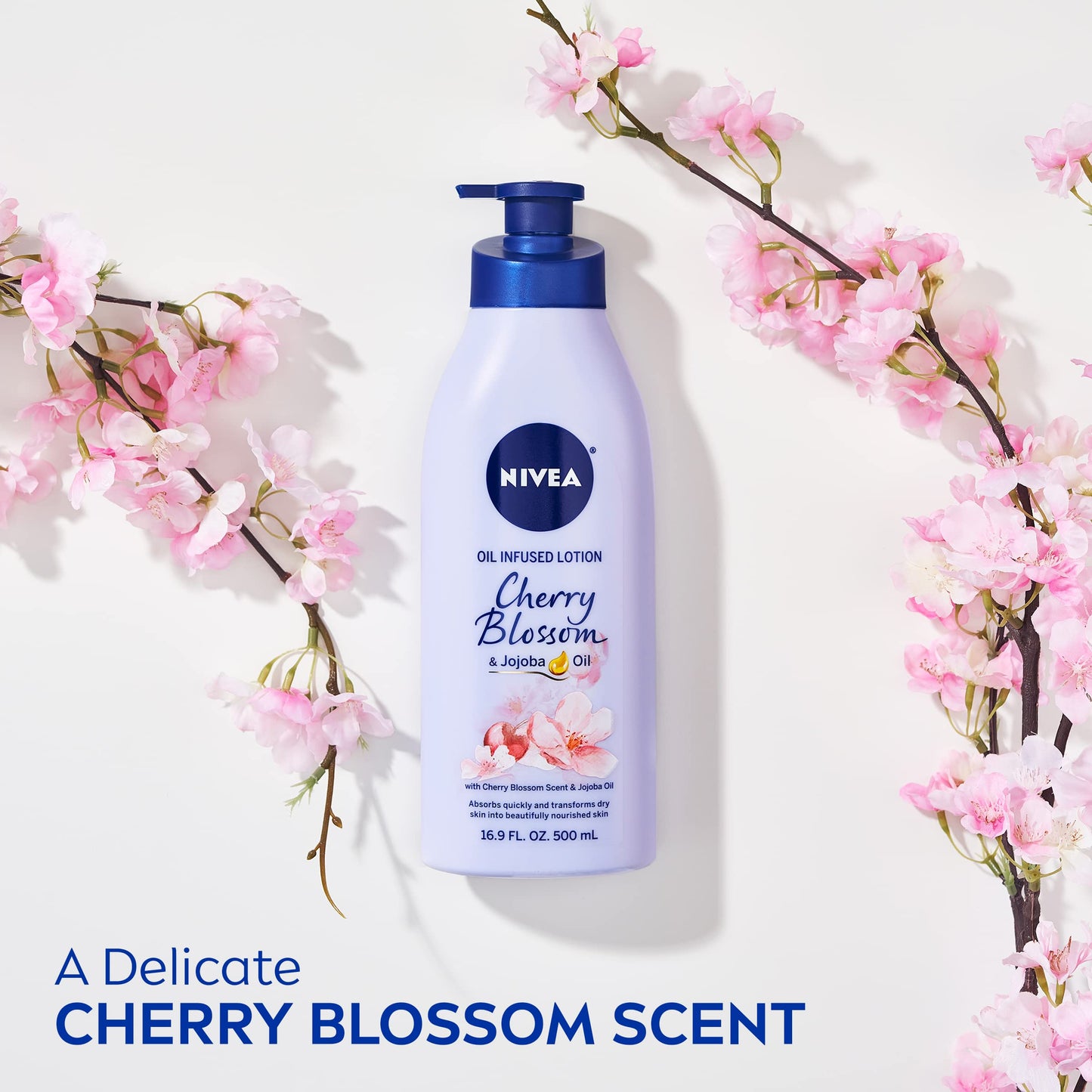 NIVEA Oil Infused Cherry Blossom and Jojoba Oil Body Lotion for Women, Fast-Absorbing and Non-Greasy Cherry Blossom Scented Lotion Moisturizes for 48 Hours, 16.9 Fl Oz Pump Bottle (Pack of 2)