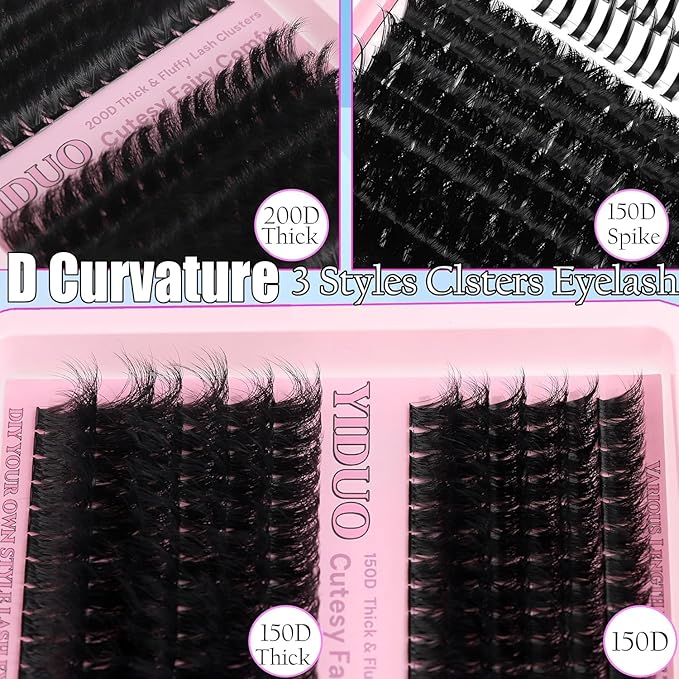 YIDUO 150D+200D Lash Clusters Kit with Glue and Removers, 575Pcs Volume Thick+Spiky Lashes Extension, 12-21mm Thick Extension Eyelashes DIY Individual False Eyelash Kit DIY at Home Easily