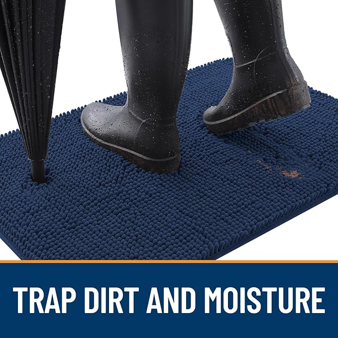 OLANLY Dog Door Mat for Muddy Paws 70x32, Absorbs Moisture and Dirt, Absorbent Non-Slip Washable Doormat, Quick Dry Chenille Mud Mat for Dogs, Entry Indoor Entryway Carpet for Inside Floor, Dark Blue