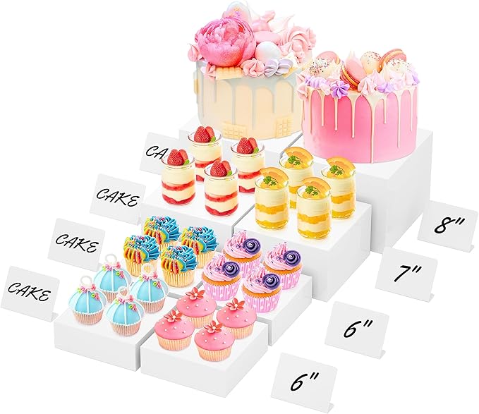 8Ã¢ÂÂ Buffet Risers with Mini Signs, Buffet Table Risers and Stands, Acrylic Cube Display Box for Catering Party Table Food Display, Dessert, Cakes - White, Set of 8 Boxes
