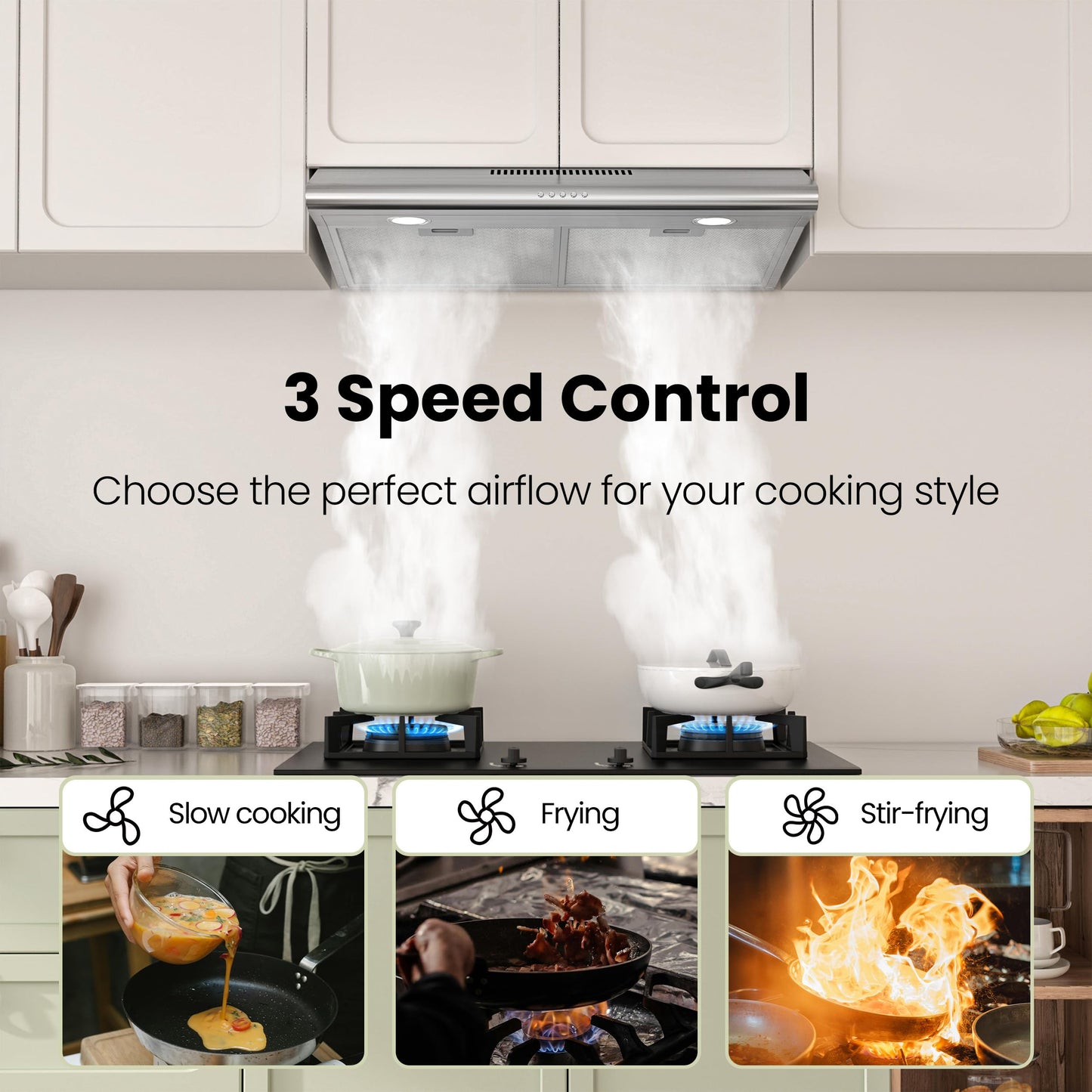 FIREGAS Under Cabinet Range Hood 30 inch, Ducted/Ductless Convertible Kitchen Hood Over Stove Vent, LED Light, 3 Speed Exhaust Fan, Reusable Aluminum Filters, Push Button, with Charcoal Filter