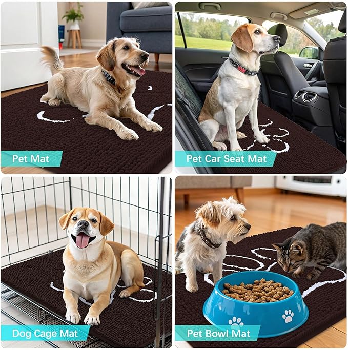 OLANLY Dog Door Mat for Muddy Paws 36x24, Paw Print Design, Absorbs Moisture and Dirt, Absorbent Non-Slip Washable Doormat, Quick Dry Chenille Mud Mat for Dogs, Entry Indoor Entryway Carpet, Brown