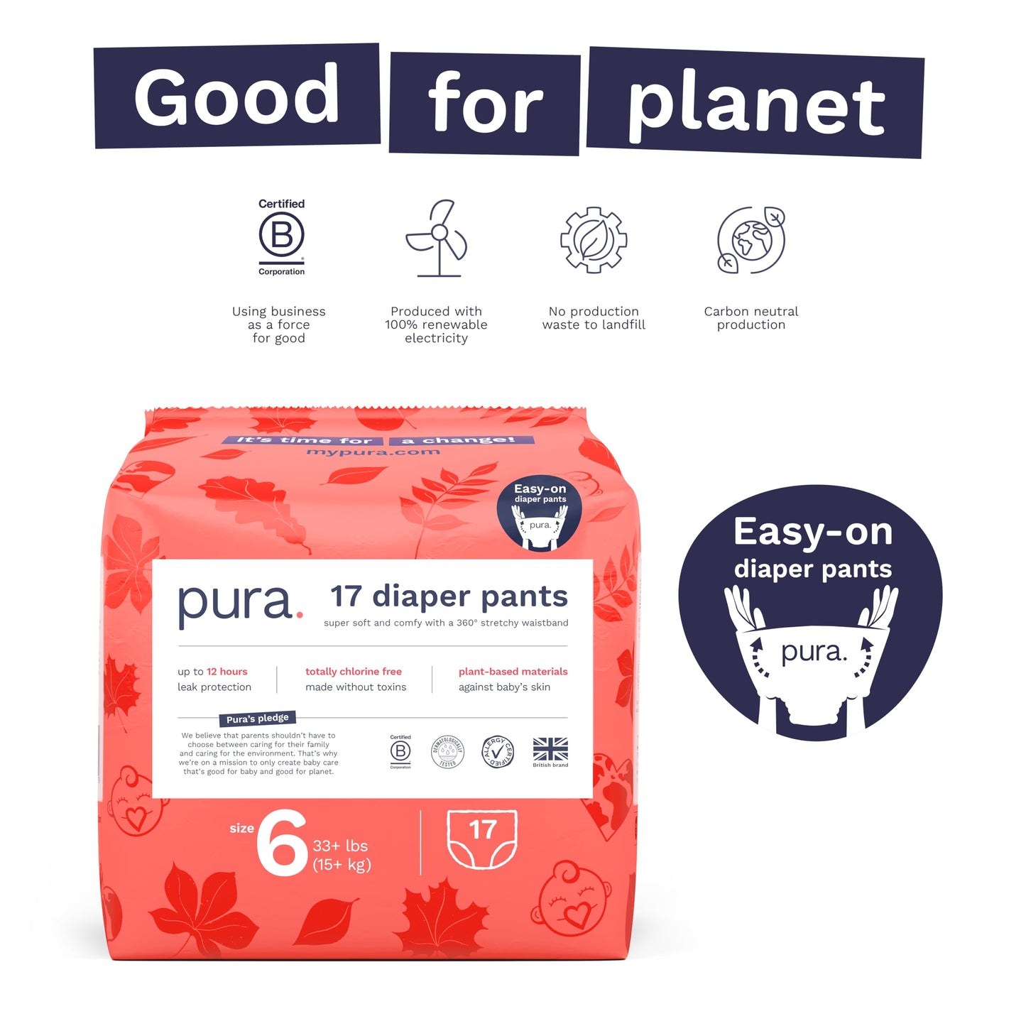 Pura Hypoallergenic Diaper Pants Size 6 (33+ lbs) Overnight, up to 12 Hours Leak Protection, Suitable for Sensitive Skin, Totally Chlorine Free, Soft Organic Cotton, 3 Packs of 17 (51 Pull Up Pants)