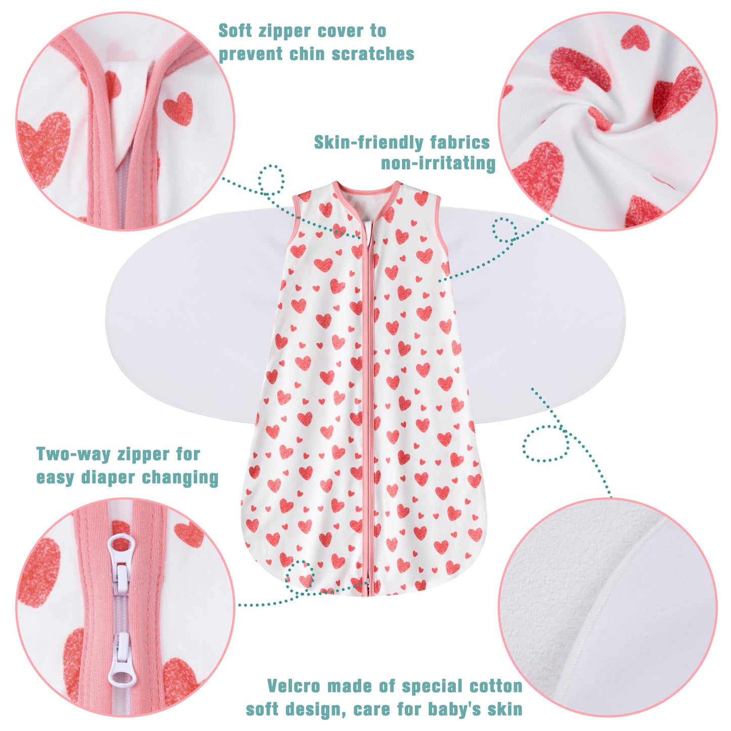 BSTOPPT Newborn Sleep Sack Baby Swaddle,3-6 Months,3-Way Adjustable Wearable Blanket,100% Rayon Cotton Swaddling Sleeping Bag，TOG 0.5（Heart&Floral）