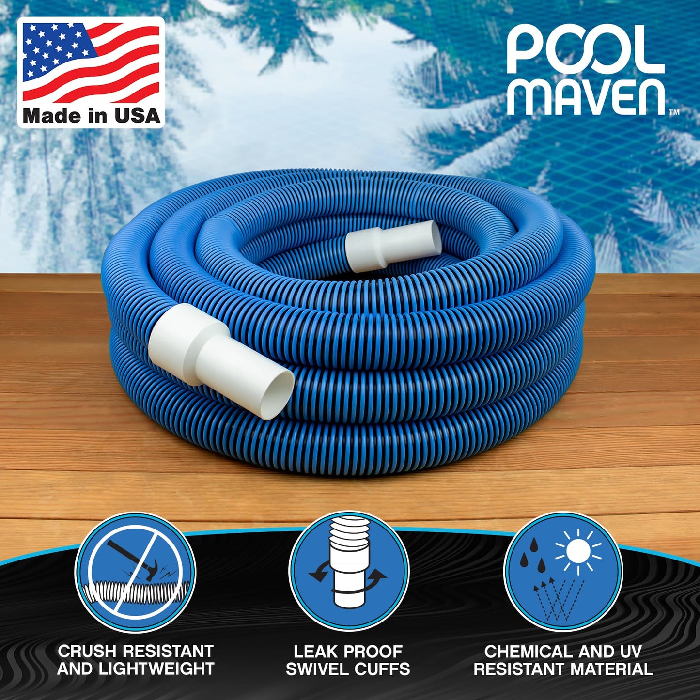 POOLMAVEN Heavy-Duty Manual Pool Vacuum Hose, 50 Ft x 1-1/2”, Kink-Free Swivel Cuff, Professional Grade Spiral-Wound Design, UV & Chemical Resistant for Inground & Above Ground Pools, Made in USA