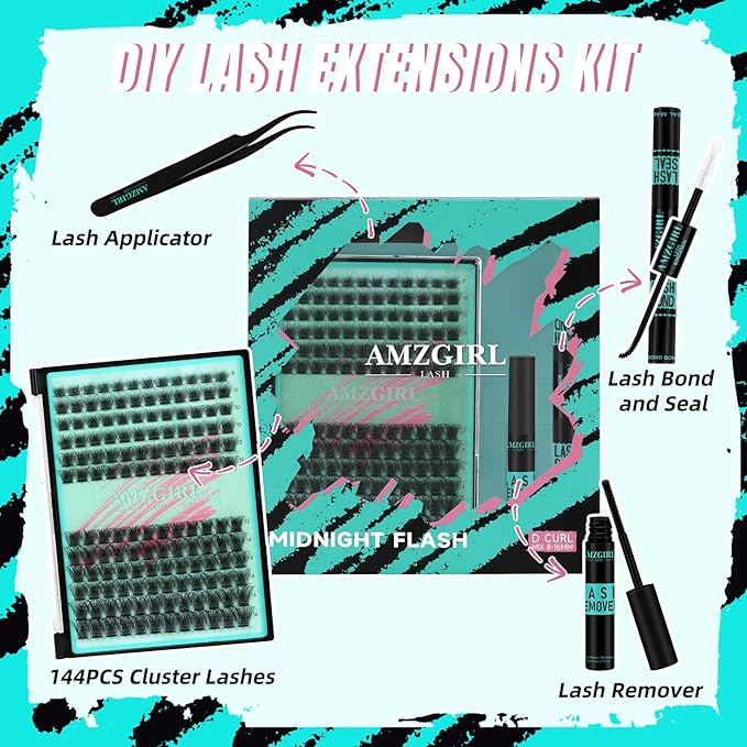 AMZGIRL LASH Midnight DIY Lash Extension Kit, 144 pcs Eyelash Clusters Kit Lash Bond and Seal, Lash Glue Remover and Applicator for Individual False Eyelashes Kit Lash Extensions(D-Mix 8-16mm Kit)