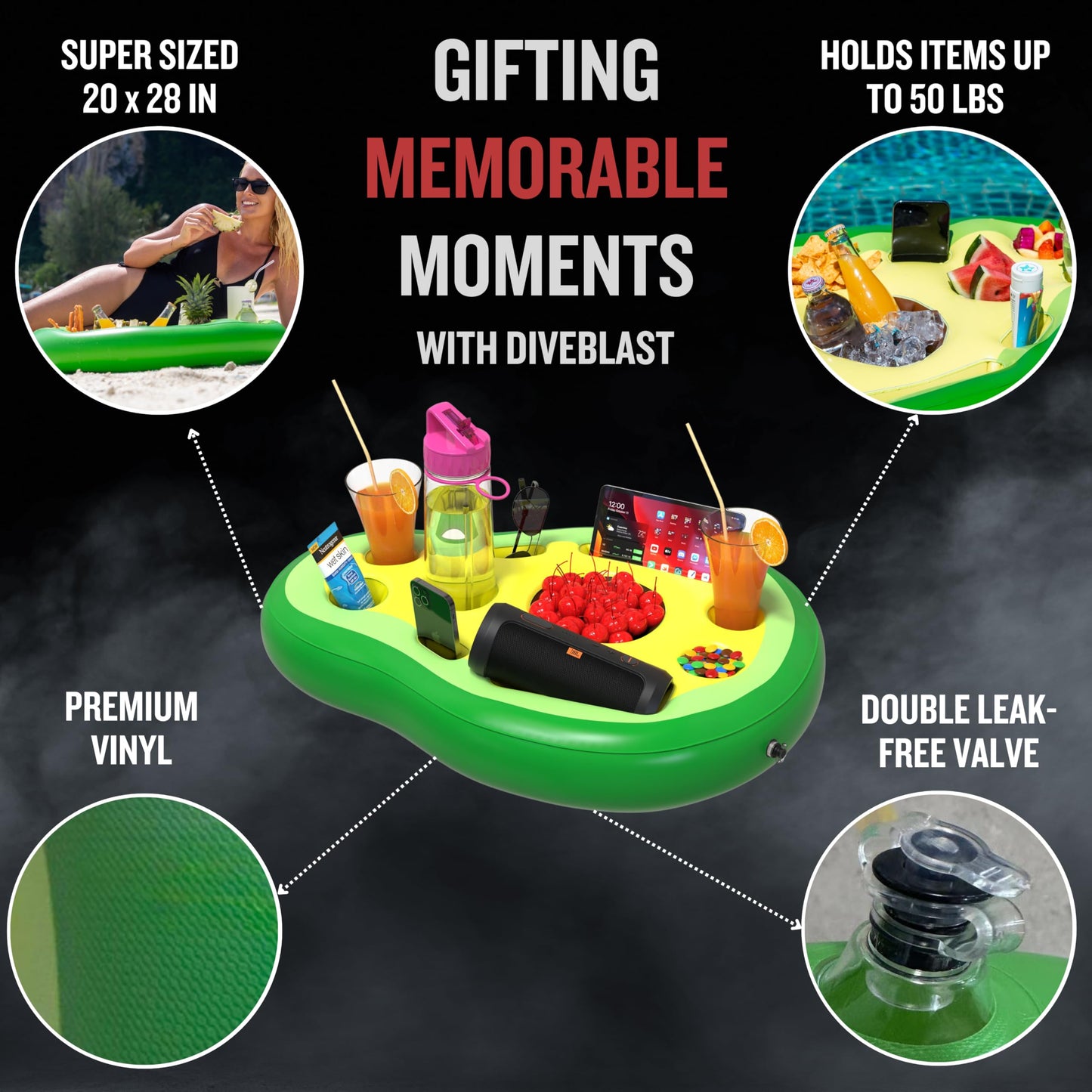 DIVEBLAST: Avocado Floating Drink Holder for Pool, Hot Tub Accessories Fun - Holds Up to 50 LBS - Fun Swimming Pool Accessories for Dad, Cool and Unique Drink Floaties