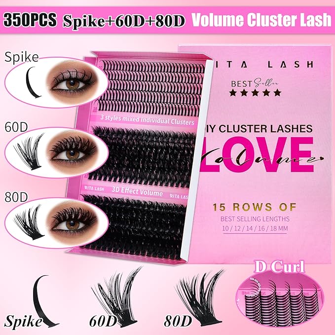 Lash Clusters Kit Eyelash Clusters Kit 3D Effect Cluster Eyelash Extensions Large Pack Cat Eye Lashes Clusters Lash Extension Kit PestaÃÂ±as Postizas Naturales+Lash Bond&Seal,Remover,Tools(Lash Kit-9)