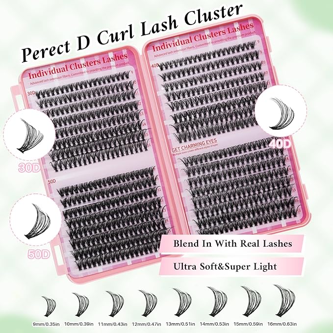 RITALASH Lash Extension Kit DIY Lash Clusters Kit Cluster Lashes Mixed Tray Eyelash Extension Kit Soft Individual Lashes with Lash Bond and Seal,Lash Tweezers Natural Look(30D+40D+50D Kit,9-16mm)