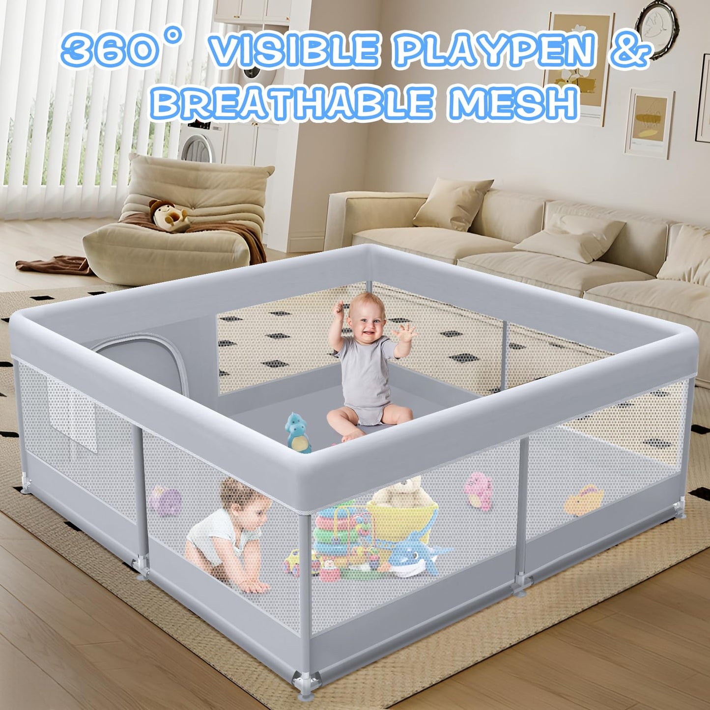 XVISHX Baby Playpen 50 x 50 Inch Play Pen Playards, Playpen for Babies and Toddlers, Baby Playard for Indoor & Outdoor Active Center Game Fence, with Skin-Friendly Fabric and Soft Breathable Mesh Grey