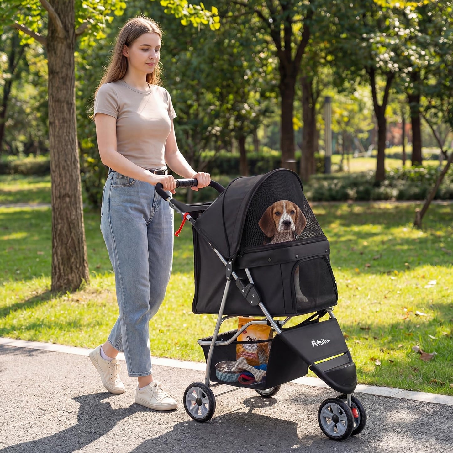 PETSITE 3-Wheel Pet Stroller, Foldable Dog Strollers for Small Dogs with Breathable Mesh, Waterproof Cover, All-Terrain Wheels, Cup Holder, and Storage Basket, Ideal for Dogs Cats up to 33 lbs (Black)