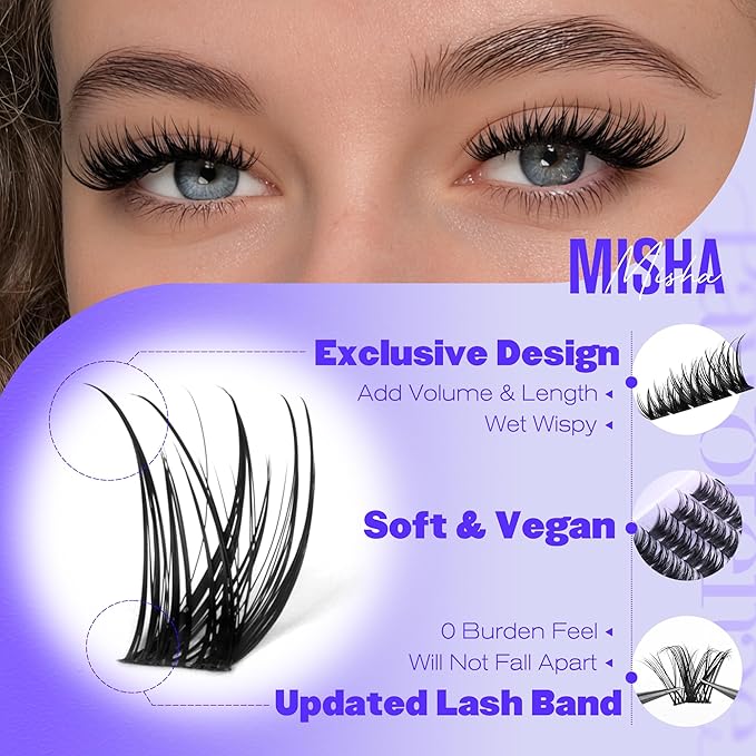 Pawotence Lash Clusters Kit Misha 10-18mm Cluster Lashes Extension Kit 144pcs Eyelash Clusters Wet Look Wispy Lashes Cluster Eyelash Extensions with Waterproof Lash Bond and Seal, Remover, Applicator