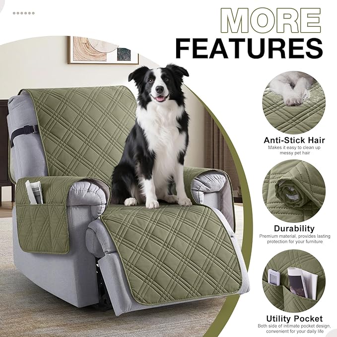 TAOCOCO 100% Waterproof Recliner Chair Cover, Non Slip Recliner Covers for Recliner Chair with Pocket, Washable Reclining Chair Cover Furniture Protector for Kids,Dogs(23.6'', Green)