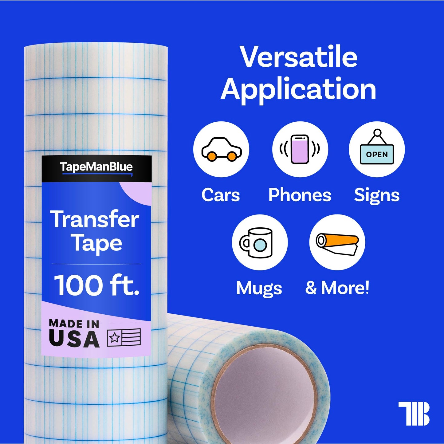 TapeManBlue Clear Transfer Tape for Vinyl, 12" x 100' Roll with Grid, Premium Vinyl Transfer Tape for Crafts, Decals, and Letters