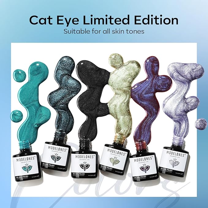 modelones Cat Eye Gel Nail Polish Set, 6 Colors 2026 Spring Summer Holographic 9D Glassy Cat Eye Glitter Gel Polish Set Black Blue Purple Green Nail Polish Kit W Magnet Soak Off LED Nail Art DIY Gift