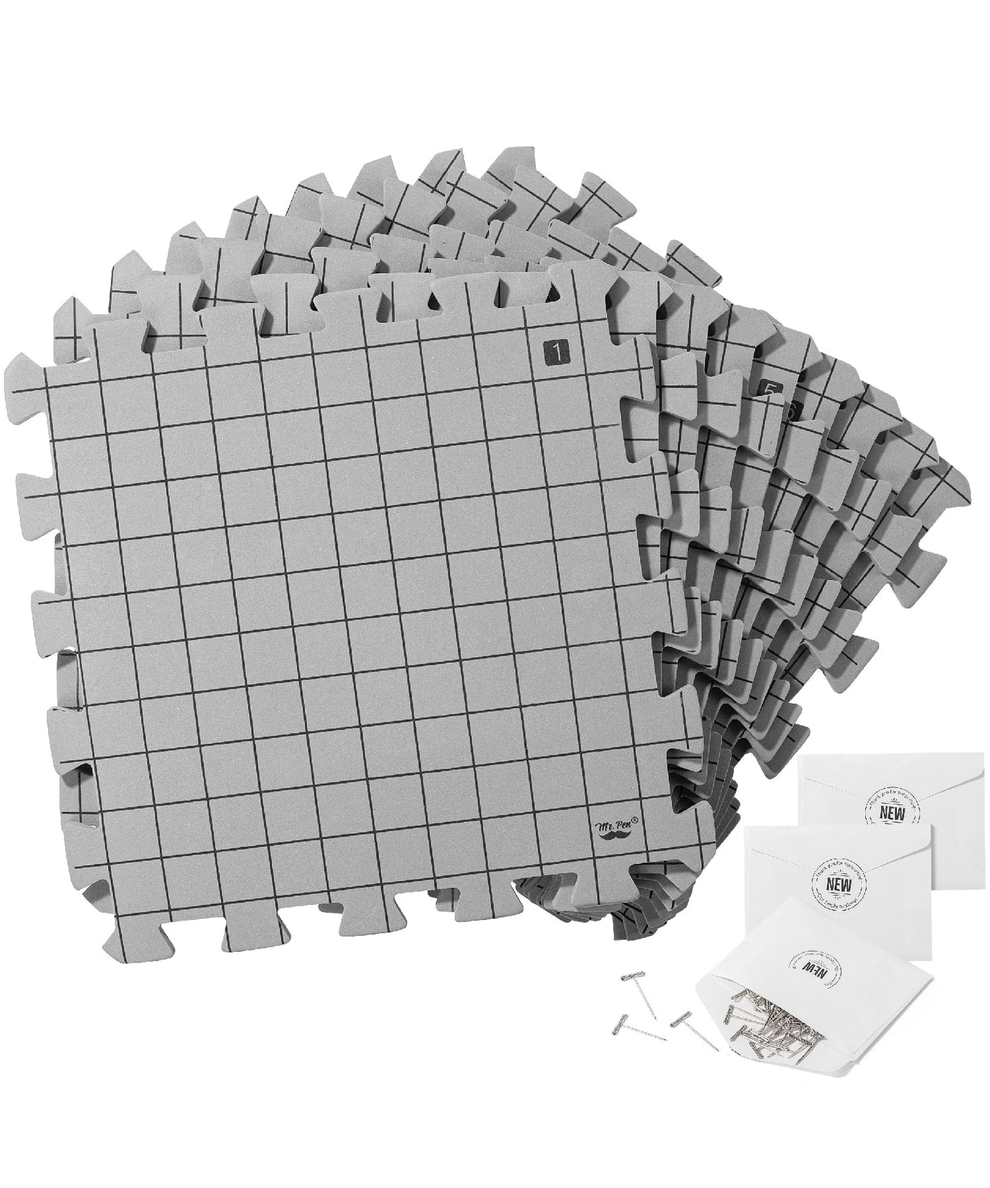 Mr. Pen- Blocking Mats for Knitting & Crochet Projects, 12" x 12", 9 Pack with 150 pcs T-Pins, Gray Aligned Grid Knitting Blocking Mats and Pins, Water & Heat Resistant