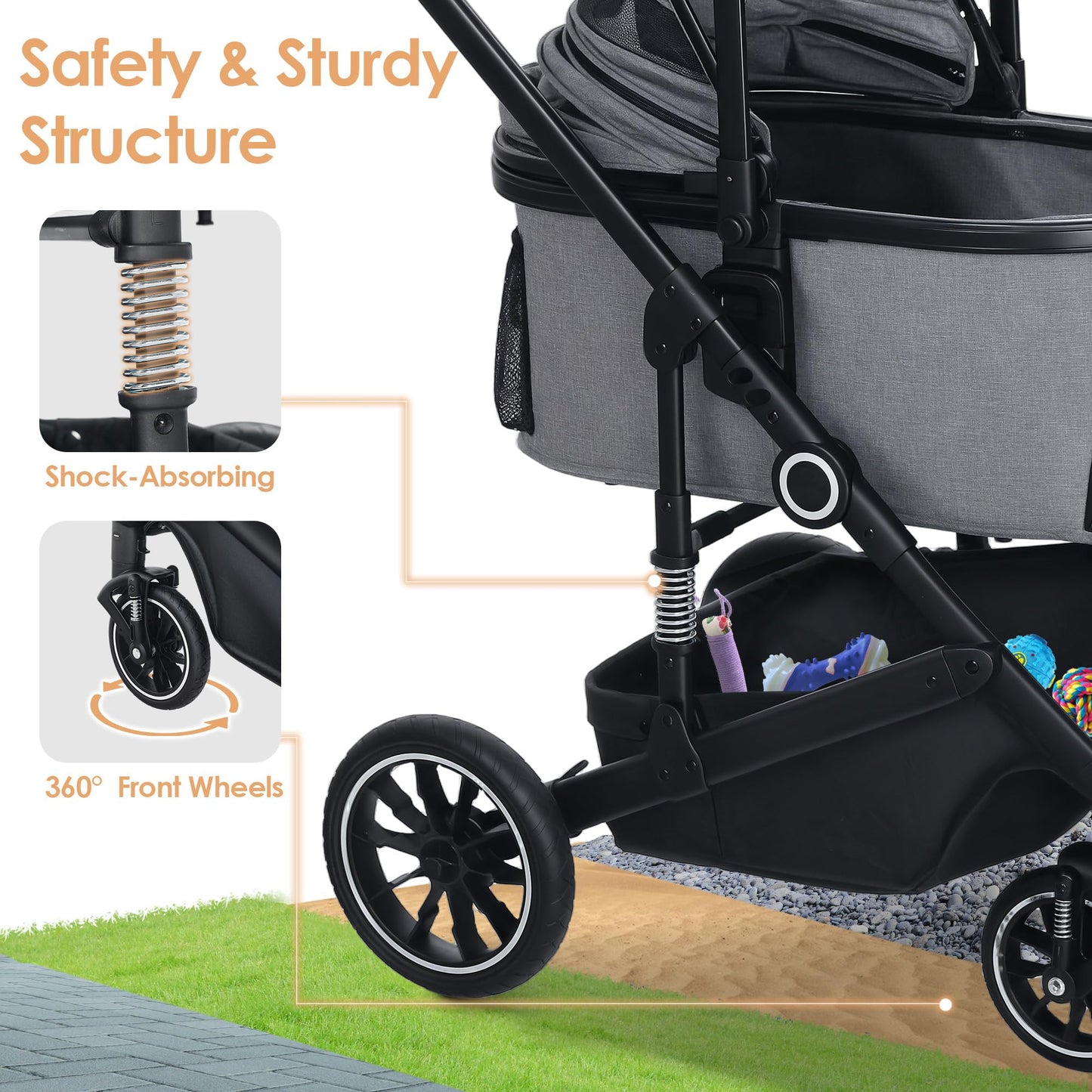 TODEFULL Pet Stroller with 4 Wheels, 3 in 1 Folding Puppy Strollers for Small/Medium Dogs Cats up to 50lbs, Lightweight Pet Travel Carrier with Detachable Cushion, Storage Basket and Cup Holder, Gray