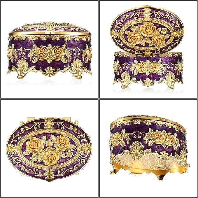 Hipiwe Vintage Oval Jewelry Storage Box Metal Trinket Organizer Purple Treasure Chest Box for Earring Necklace Ring Holder Gift for Women