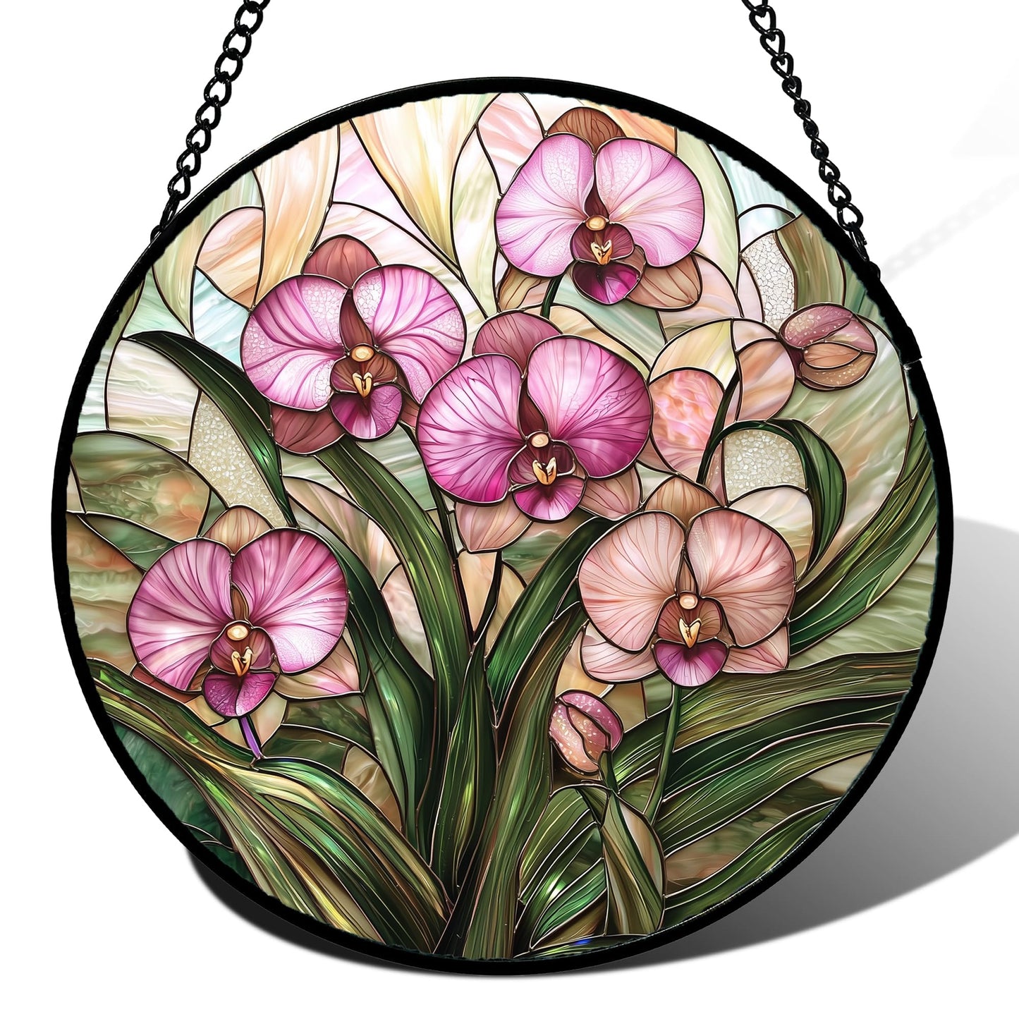 AMDERVEN Stained Glass Window Hanging - Pink Phalaenopsis Orchid Green Leaves Sun Catcher for Door Home Decor Flower Suncatcher Christmas Mother's Day Birthday Gifts for Women Men Mom Nana 15 in
