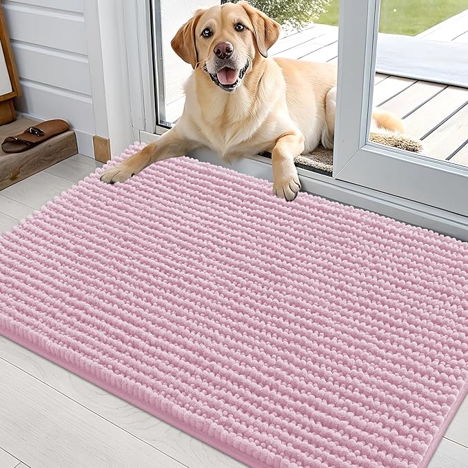 OLANLY Dog Door Mat for Muddy Paws 36x24, Ultra Absorbent Chenille Mud Doormat, Non-Slip Washable and Dirt Trapping Doormat for Indoor Entryway, Quick-Dry Indoor Pet Bed Mats for Dogs, Dusty Rose