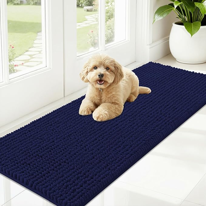 OLANLY Dog Door Mat for Muddy Paws 59x20, Ultra Absorbent Chenille Mud Doormat, Non-Slip Washable and Dirt Trapping Doormat for Indoor Entryway, Quick-Dry Indoor Pet Bed Mats for Dogs, Navy Blue