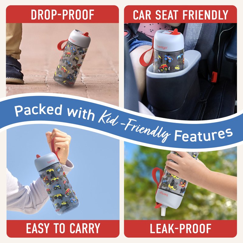 Bentgo Kids Water Bottle - Leak-Proof, Durable Tritan PFAS- & BPA-Free 15 fl oz, Kids/Toddlers Ages 3+ for School & Sports; Bite & Sip Spout, Carrying Handle, Dishwasher Safe (Trucks)