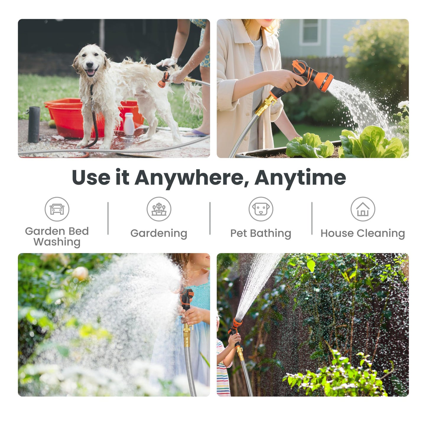 Giraffe Tools Garden Hose 50ft x 5/8", 304 Stainless Steel Metal Water Hose, No Kink Garden Water Hose with 9 Pattern Spray Nozzle, Flexible, Lightweight, Kink Free Hose for Yard, Outdoor