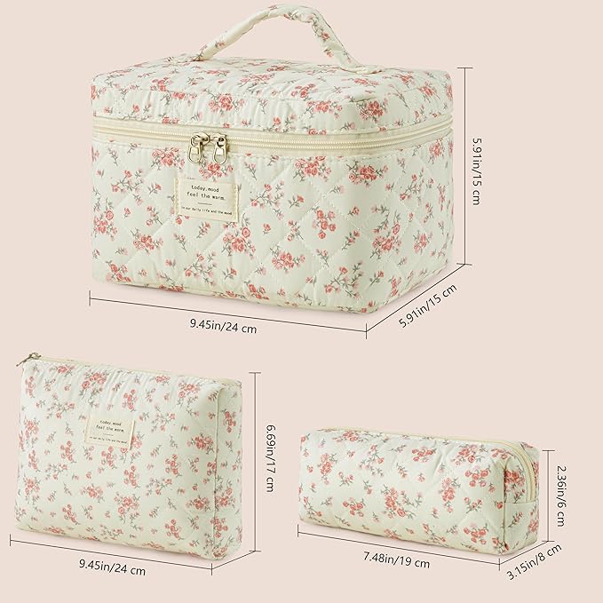 HBselect Quilted Makeup Bag, 3PCS Cotton Large Travel Makeup Bag, Cute Floral Coquette Make up Bag Cosmetic Bag Toiletry Bag for Women Girls