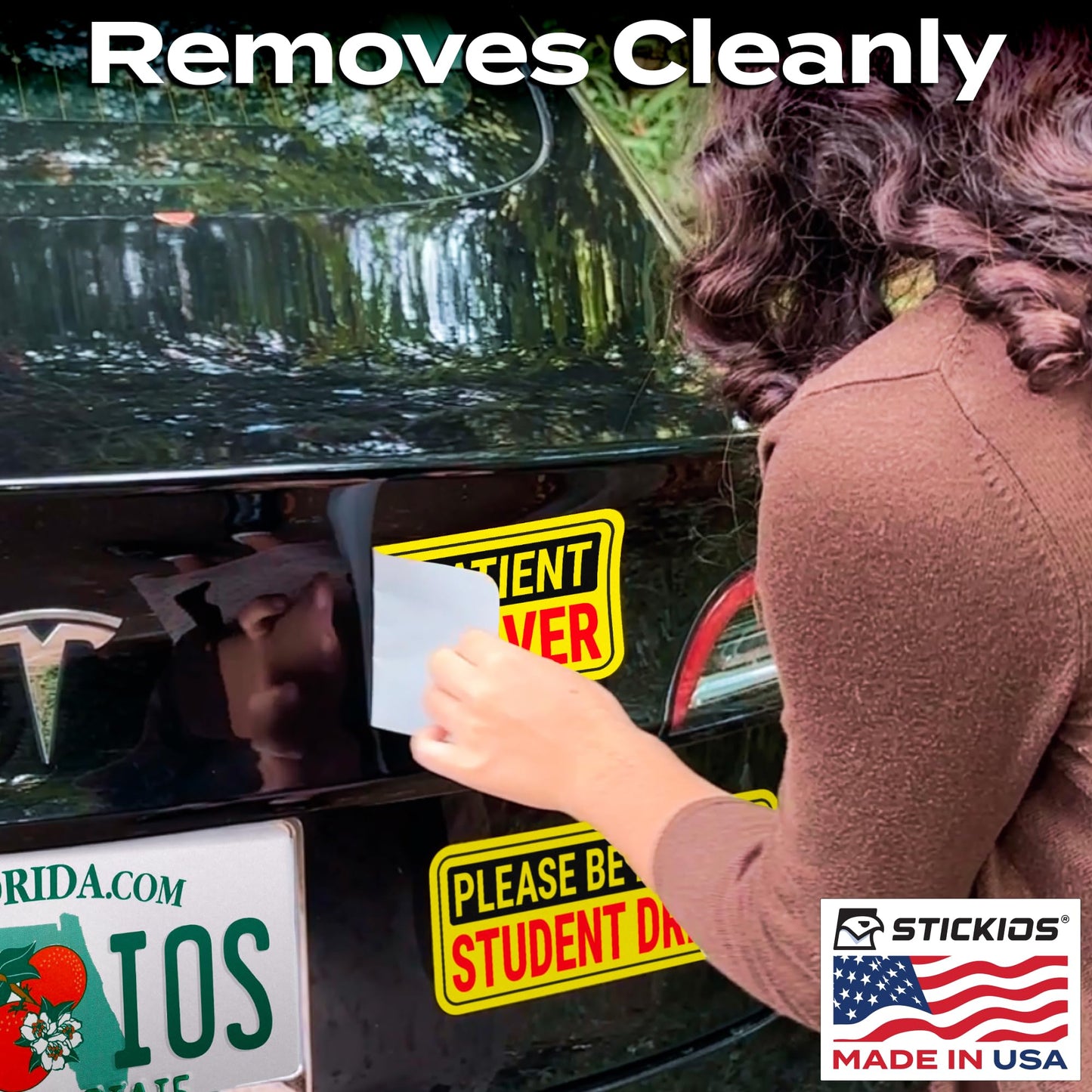 Stickios Student Driver Stickers (Non-Magnetic) for Cars & Windows - Reusable, Removable, Paint-Safe Vinyl Decals - Made in USA (10.5x4 inches, 8-Pack)