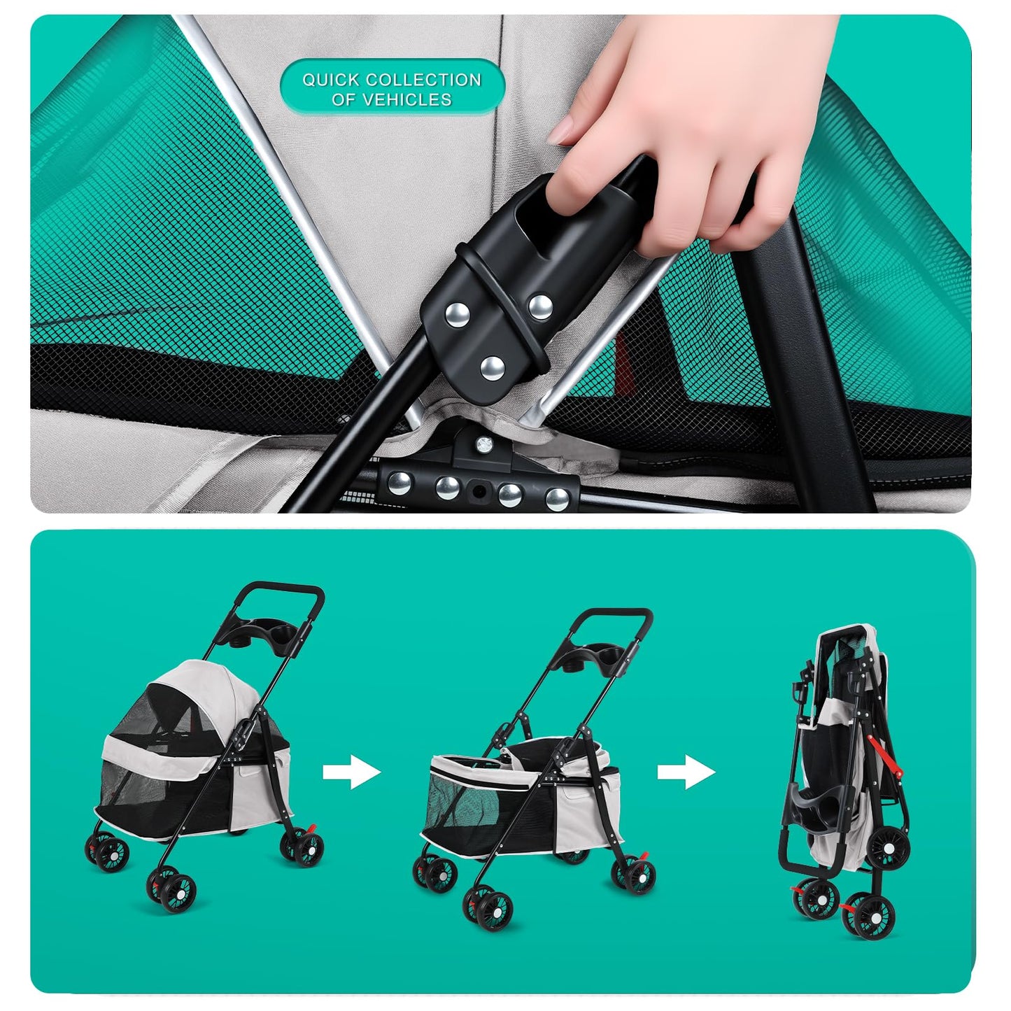 sxvbdway 4 Wheels Pet Stroller for Medium Small Dog up to 50lbs, Dog Cat Stroller, Outdoor Travel Pet Folding Strollers, Cat Cage Strollers with Cup Holder, Breathable and Visible Mesh (1 Set-Grey)