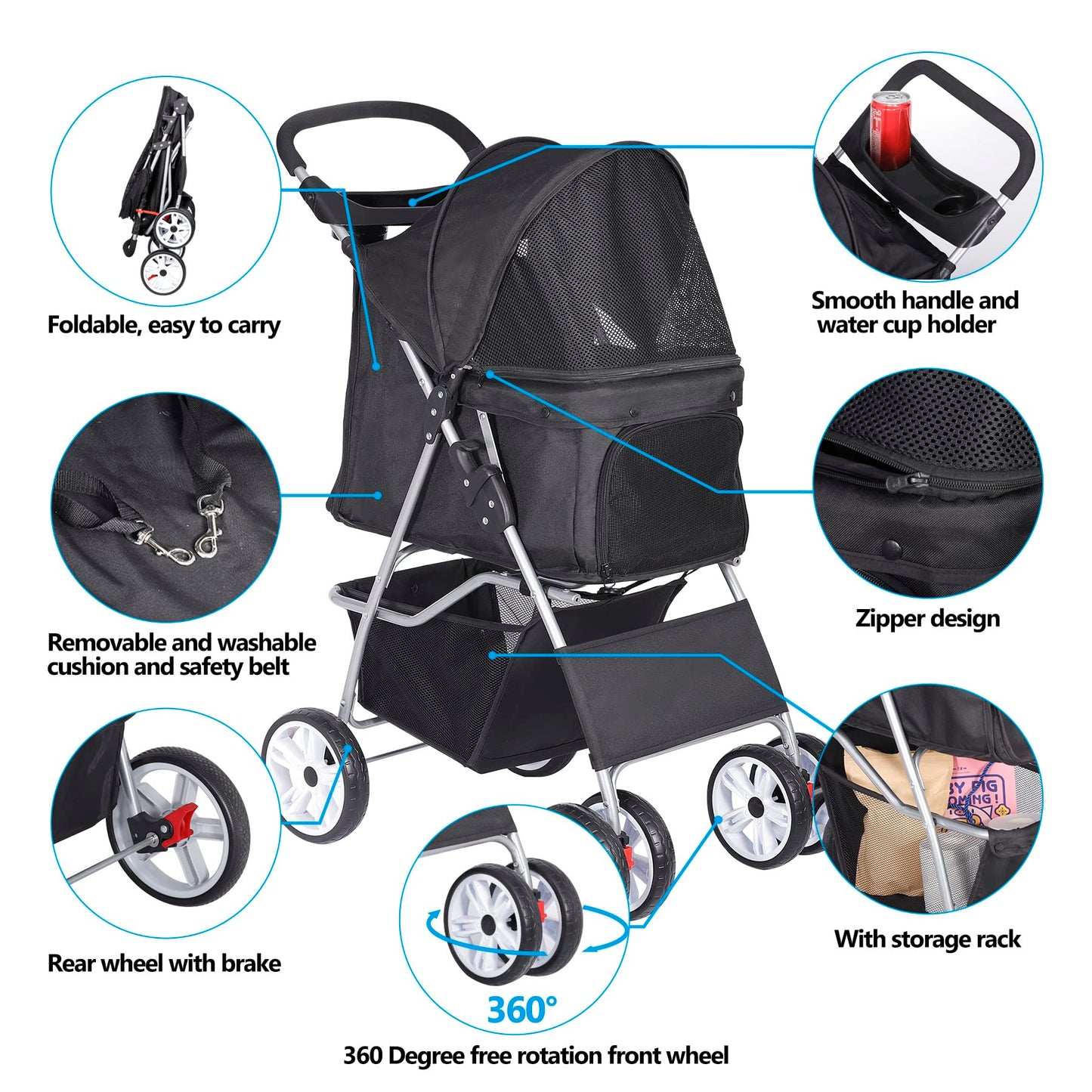 BBBuy 4 Wheels Foldable Pet Dog Cat Jogger Stroller Travel Carrier Strolling Cart w/Waterproof Cover Storage Basket Cup Holder & Removable Liner for Medium Small Cat Dog, Black