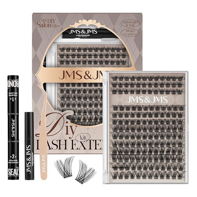 JMS&JMS Lash Clusters Kit Lash Lift Kit Wispy Fluffy Lash Clusters with Lash Bond and Seal Eyelash Applictor Lash Remover Lash Extension Kit for Beginner (JMS04-D-8-18Mix)