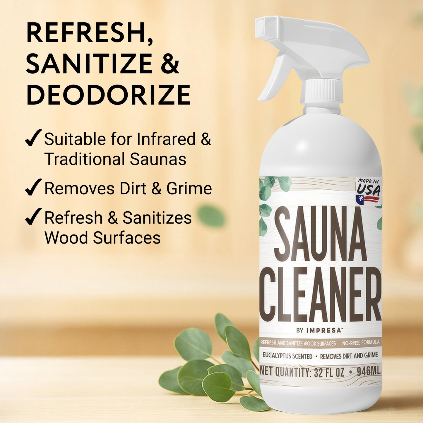IMPRESA 32oz Sauna Cleaning Spray – All Purpose Eucalyptus Wood Cleaner Spray for Home Sauna, Spa, Steam Room & Gym – Natural Multipurpose Surface Cleaner Bottle – Gentle Ingredients Tough on Grime