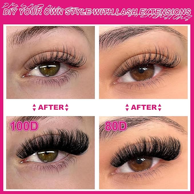 Fowendia Lash Clusters Kit Fluff 80D 100D Individual Lashes D-Curly Cluster Eyelash Extensions 10-18mm DIY Lash Extension Kit Lash Bond and Seal Waterproof, Lash Applicator, Thick False Eyelashes Kit