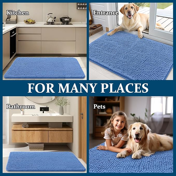 OLANLY Dog Door Mat for Muddy Paws 70x32, Absorbs Moisture and Dirt, Absorbent Non-Slip Washable Doormat, Quick Dry Chenille Mud Mat, Entry Indoor Entryway Carpet for Inside Floor, Cornflower Blue